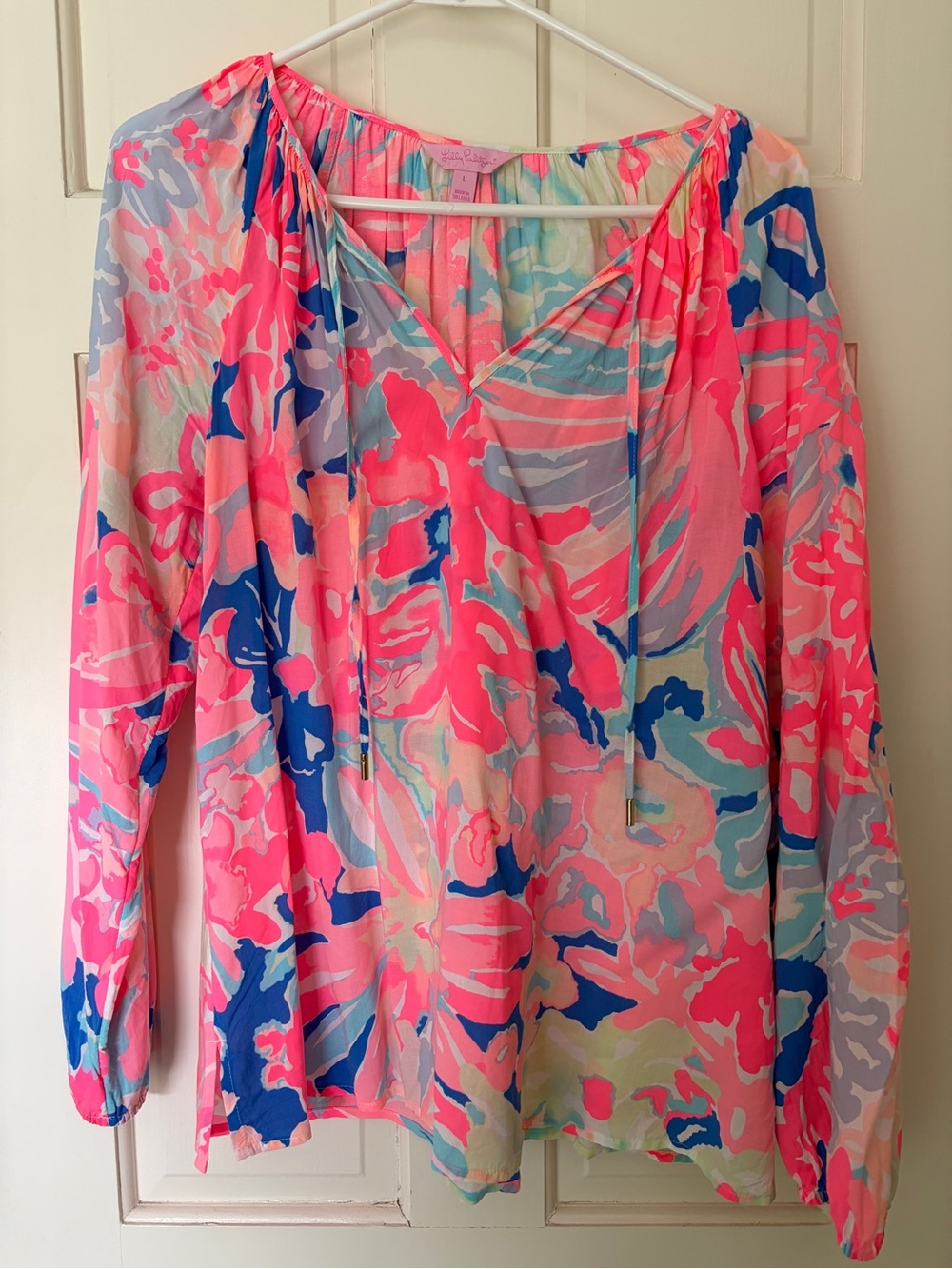 Lilly Pulitzer Coral Pink & Aqua Abstract V-Neck Blouse